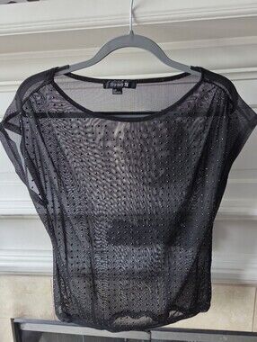 Forever 21 Black Rhinestone Mesh Sheer Top Size Small Festival Goth Y2K